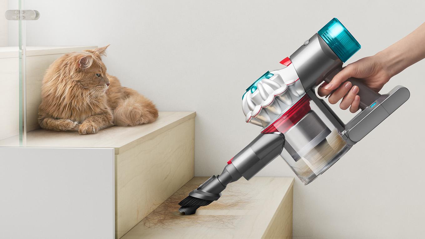 Dyson vacuum cleaner vacuuming pet hair